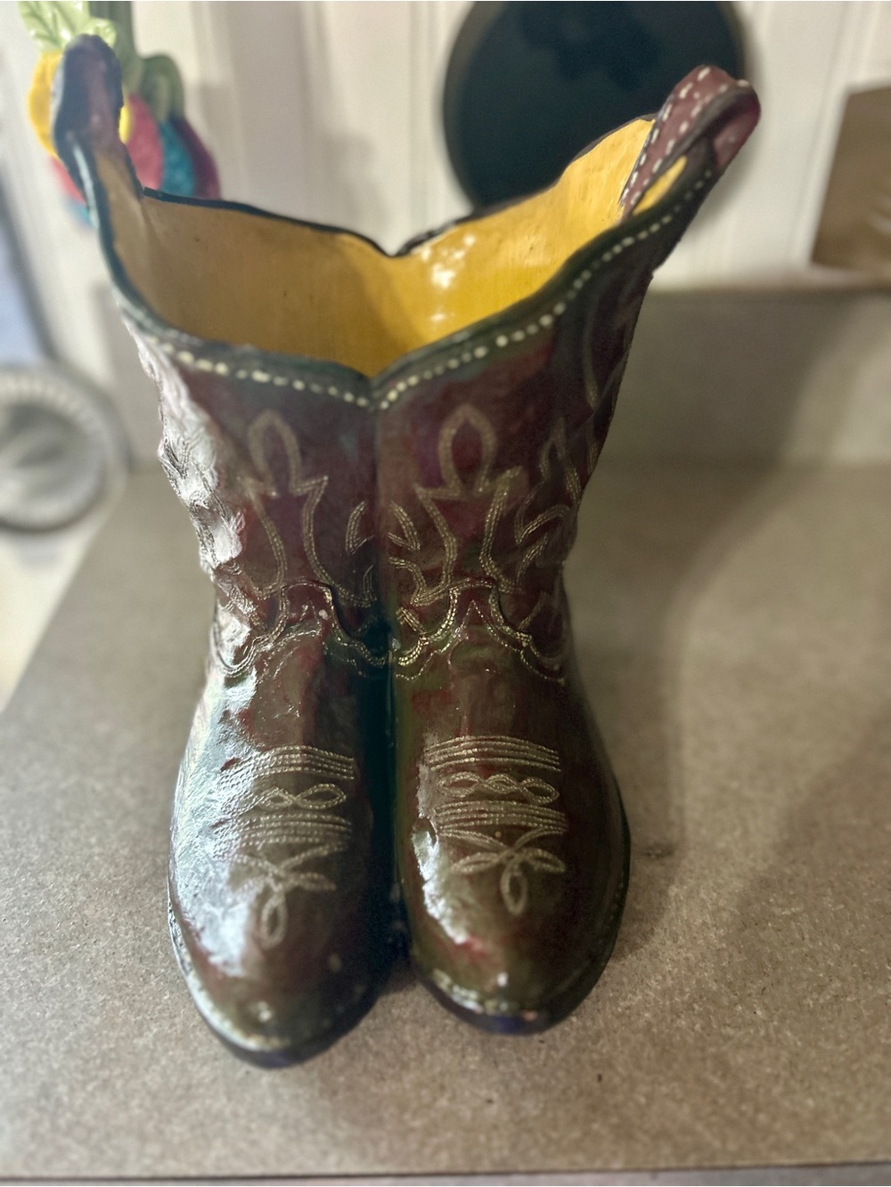 Ceramic Cowboy Boot Vase in Brown with Yellow Interior
